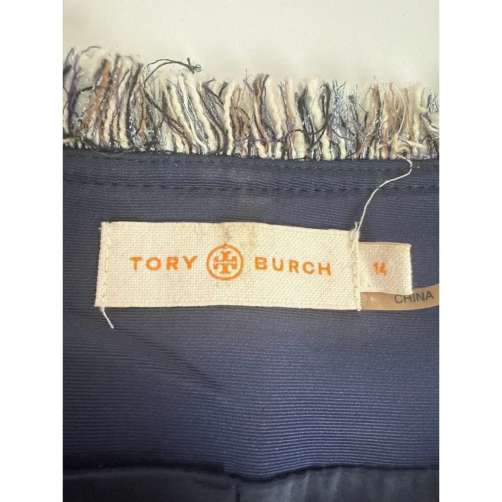 Tory Burch Collarless Tweed Fringe Jacket Navy Gold Sz 14